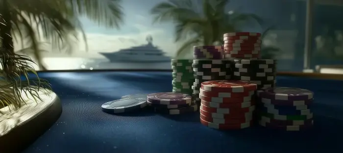 Casino chips under palm trees, weekly promotion art from Lucky Dreams