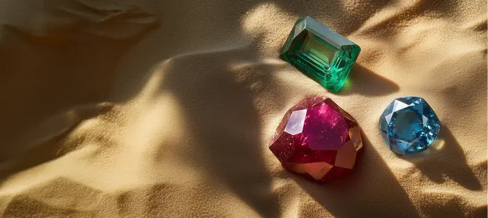 Gems scattered on sand, welcome promotion art from Lucky Dreams
