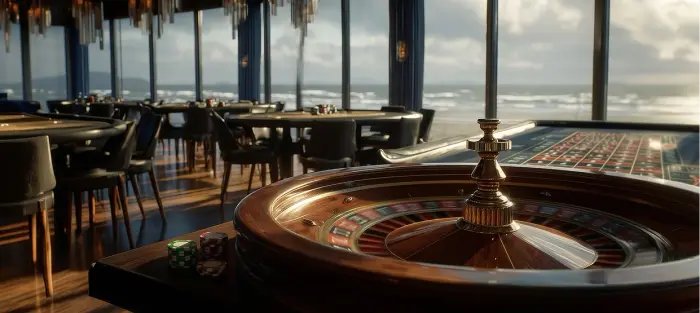 Roulette table on a sunset terrace, promotional art from Lucky Dreams